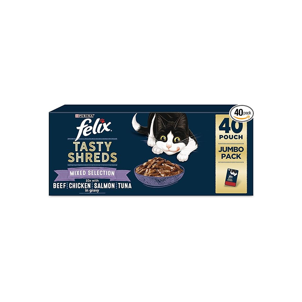Felix Tasty Shreds Mixed Selection In Gravy Wet Cat Food 40X80g – 100% Complete & Balanced, Omega-6, Vitamins D & E