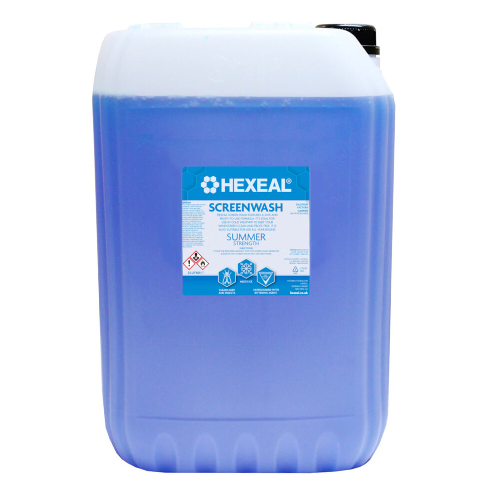 Hexeal Screenwash 25L Summer Strength, Ready To Use, Windshield Wiper Fluid For Summer Protection - Improve Vision And Buildup Of Dirt
