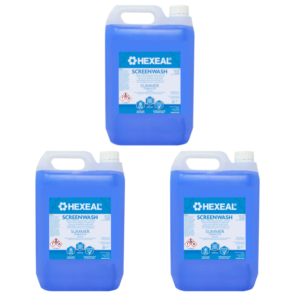 Hexeal Screenwash 15L Summer Strength, Ready To Use, Windshield Wiper Fluid For Summer Protection - Improve Vision And Buildup Of Dirt 5060727634563