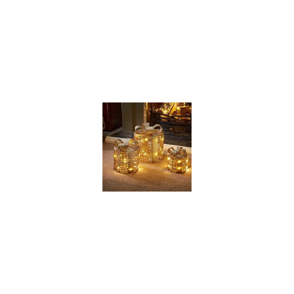 Christmas Gift Boxes Light 3pc LED Festive Decoration Xmas Present Gold Decor