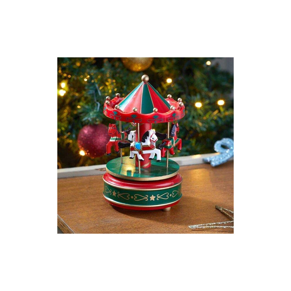 Christmas Carousel Musical Decoration Fairground Xmas Wooden Decor Ornament 18cm