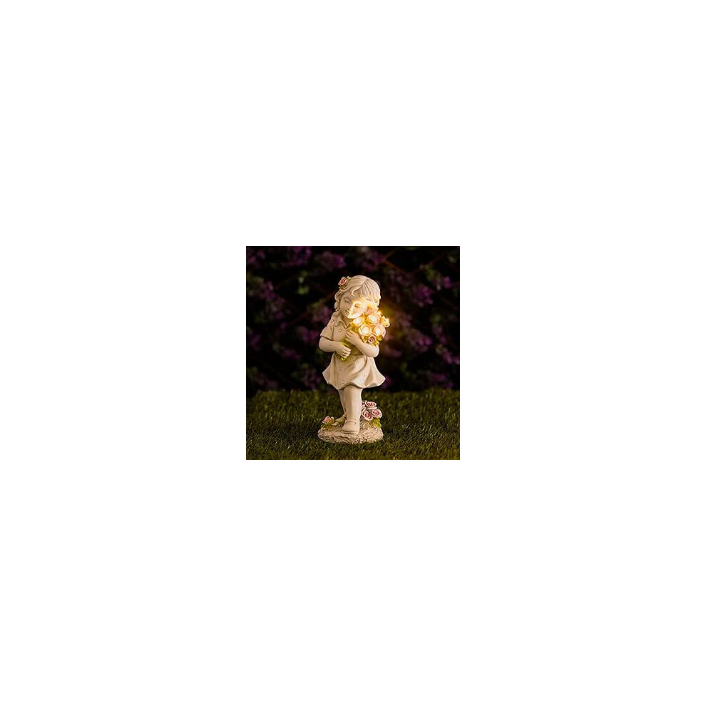 Solar Fairy Ornament Light Garden Decoration Stone Effect Girl Flowers Lighting