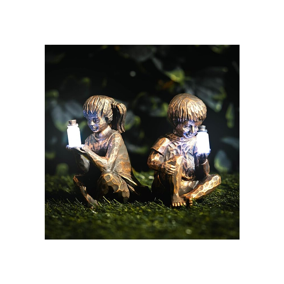 Solar Bronze Effect Statues Girl Boy Ornament Garden Lighting Figures Decor