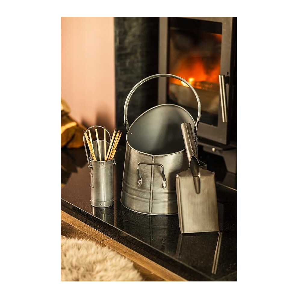 Fireside Accessory Set Coal Bucket Shovel Matchstick Holder Silver Kindling Log