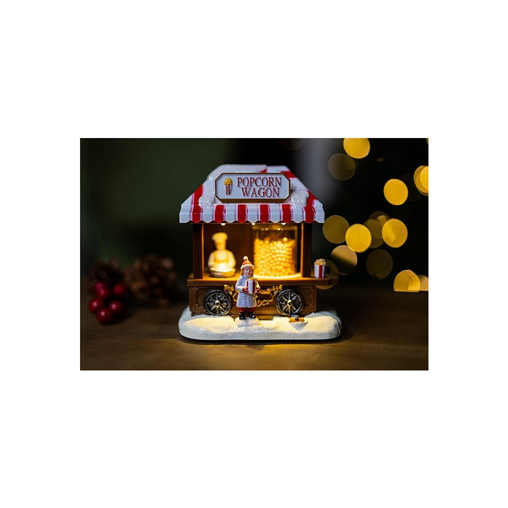 Christmas Village Scene Decoration LED Musical Home Decor Popcorn Wagon Light Up