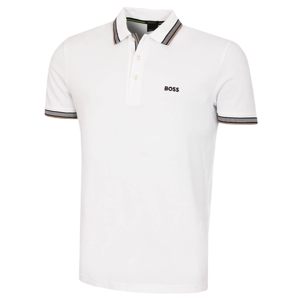 (L, Open White) Hugo Boss Mens Paddy Stripe Cotton Fabric Regular Fit Golf Polo Shirt