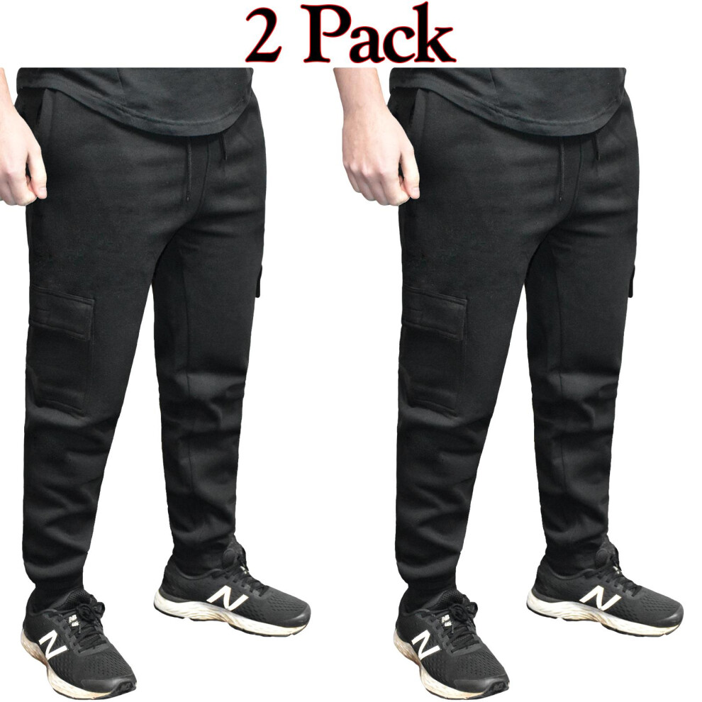 (Black - 2 Pack, 2XL) Men Cargo Jogging Bottoms Fleece Trousers 2-3 Pack