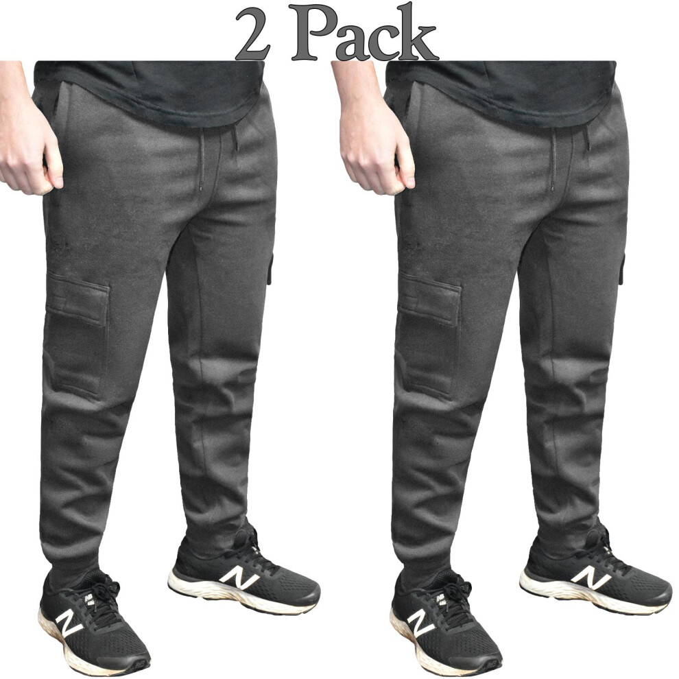 (Charcoal - 2 Pack, 2XL) Men Cargo Jogging Bottoms Fleece Trousers 2-3 Pack