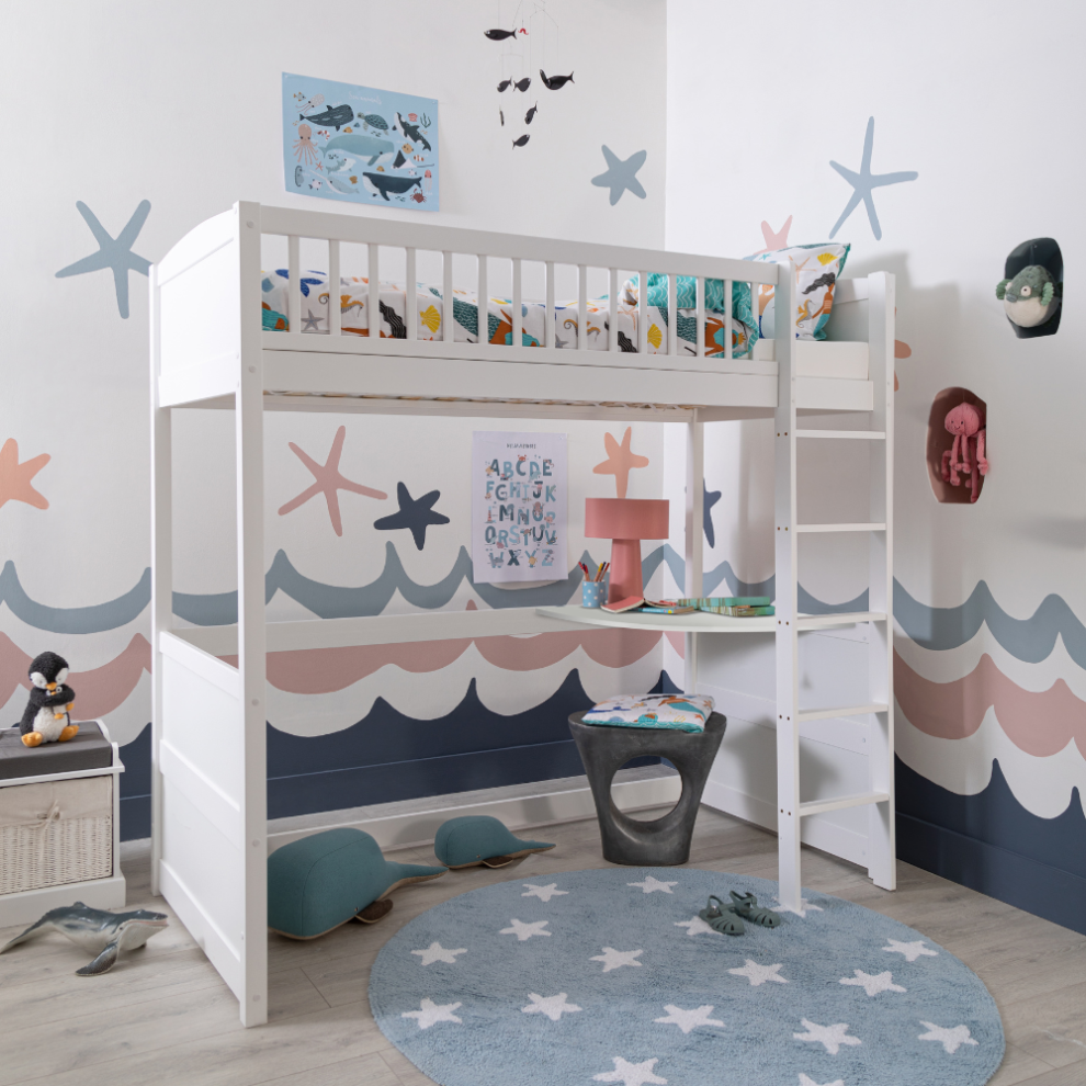 Lottie Highsleeper Kids Cabin Bed with Straight Ladder and Thom Desk in Classic White