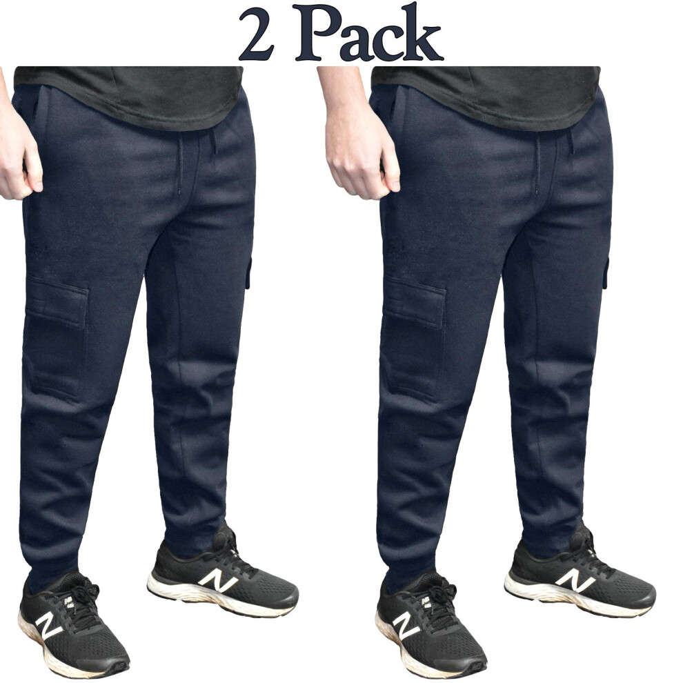 (Navy - 2 Pack, 2XL) Men Cargo Jogging Bottoms Fleece Trousers 2-3 Pack