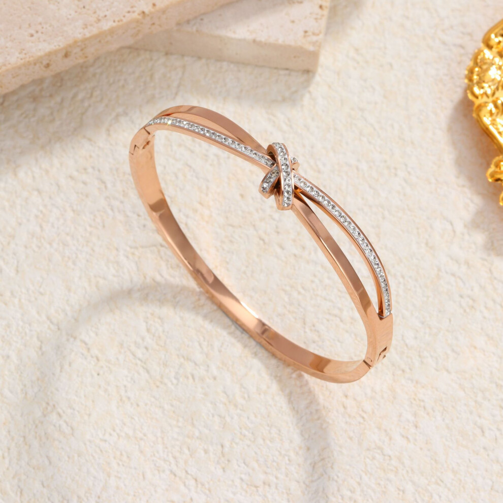 Rose Gold Crystal Knot Bangle Bracelet, Cross Shape Gold Bow Bracelet