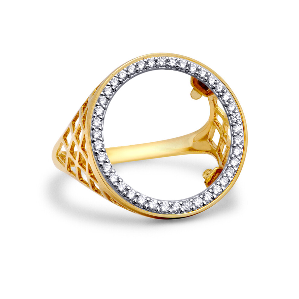 (V) Jewelco London Unisex Solid 9ct Yellow Gold Cubic Zirconia Halo Circle of Life Half Sovereign Coin Mount Ring - JRN168-H-CZ