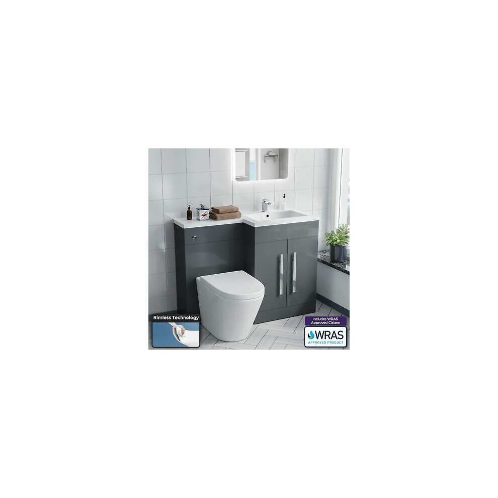 Nes Home Grey RH Basin Vanity Unit WC Back To Wall Toilet 1100mm Bathroom