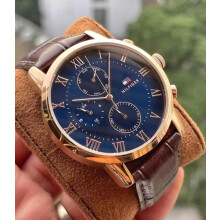 TOMMY HILFIGER 1791399 MENS WATCH BROWN STRAP BLUE DIAL ROSE GOLD CASE