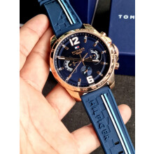 TOMMY HILFIGER 1791474 MEN'S WATCH BLUE STRAP BLUE DIAL ROSE GOLD CASE