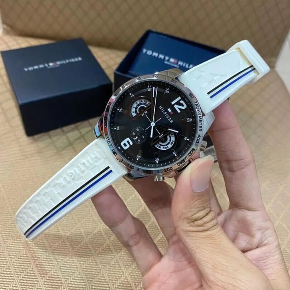 TOMMY HILFIGER 1791475 MEN'S WATCH WHITE STRAP BLACK DIAL SILVER CASE