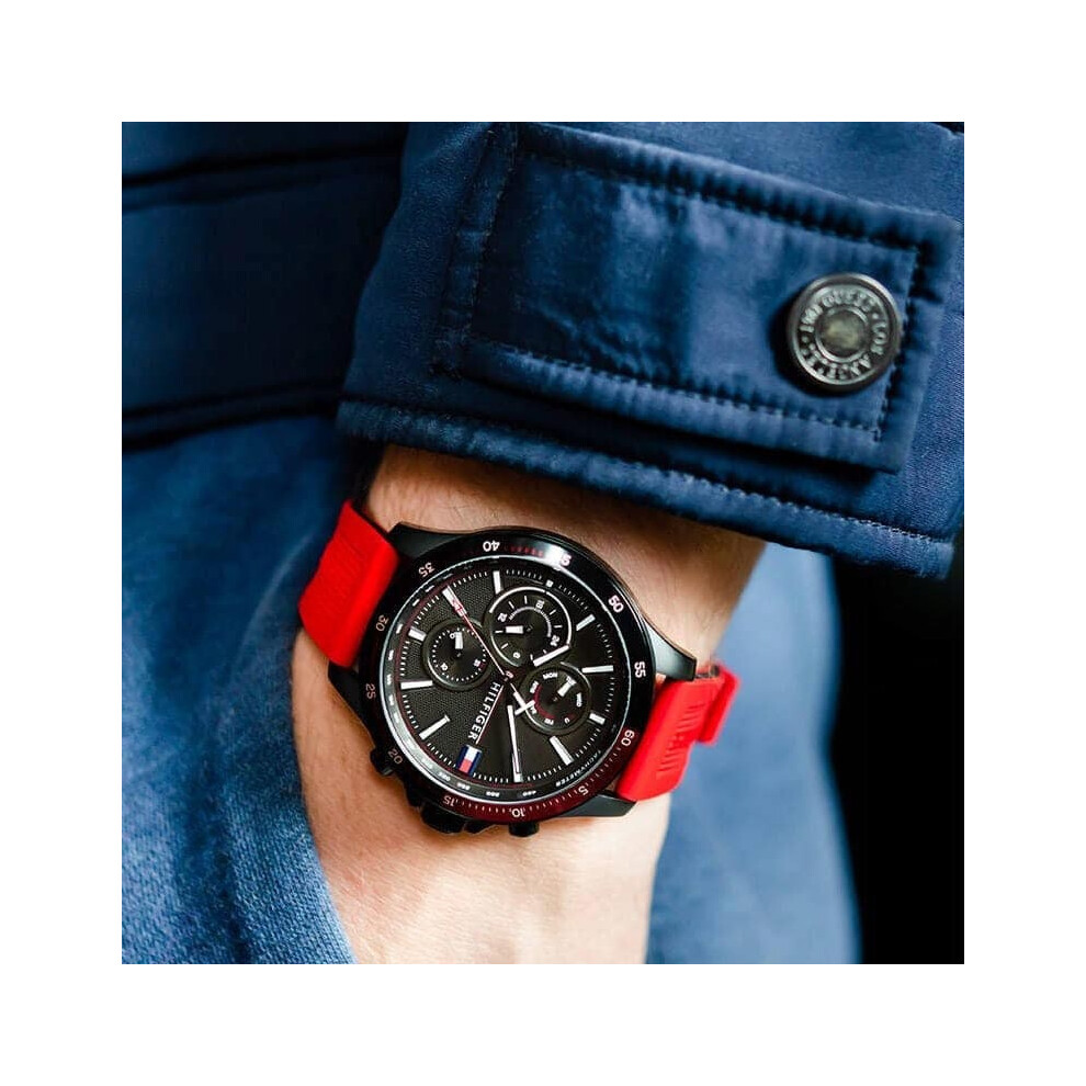 TOMMY HILFIGER 1791722 MEN'S WATCH RED STRAP BLACK DIAL BLACK CASE