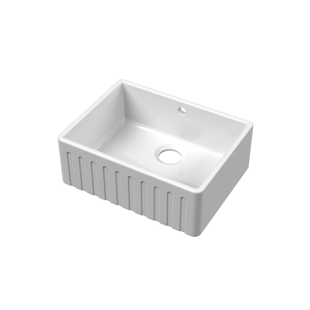 Fireclay Kitchen Single Bowl Fluted Front Butler Sink with Overflow, 595mm x 450mm - White