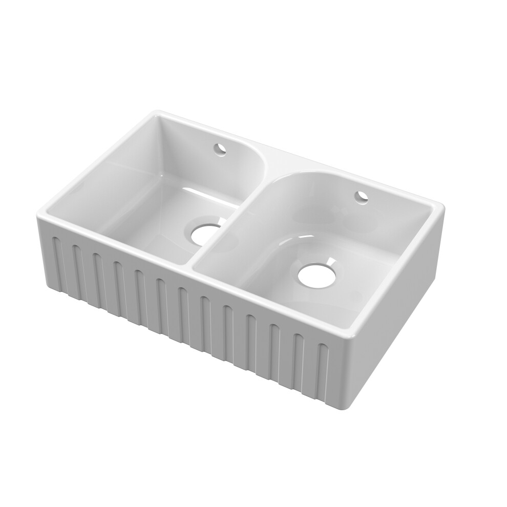 White Fireclay Kitchen Double Bowl Fluted Front Butler Sink with Full Weir 795 x 500 x 220mm