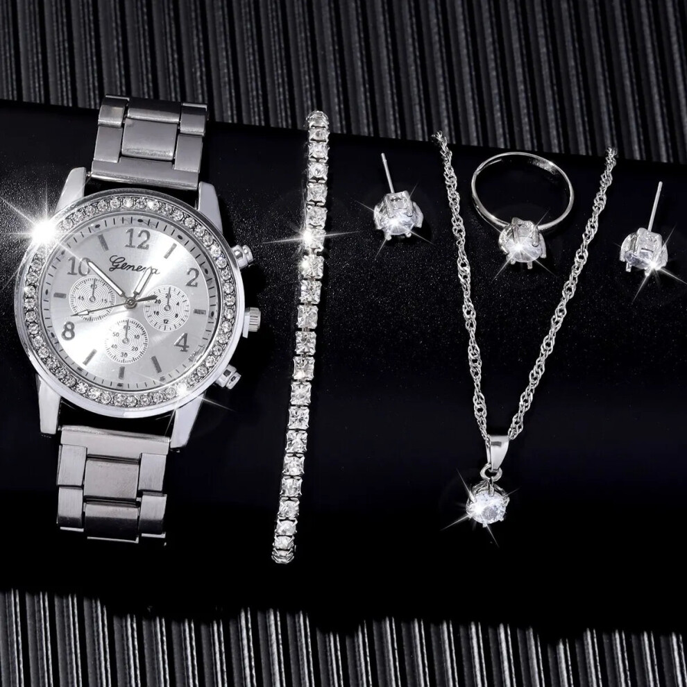 Womens Quartz Steel Band Watch Necklace Earrings Ring Bracelet Set