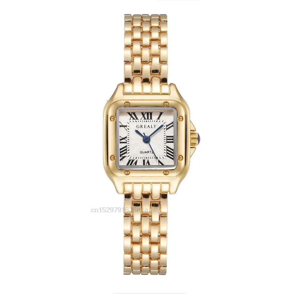 (Gold) Womens Fashion Square Watch Alloy Strap Luxury Ladies Quartz Wristwatches