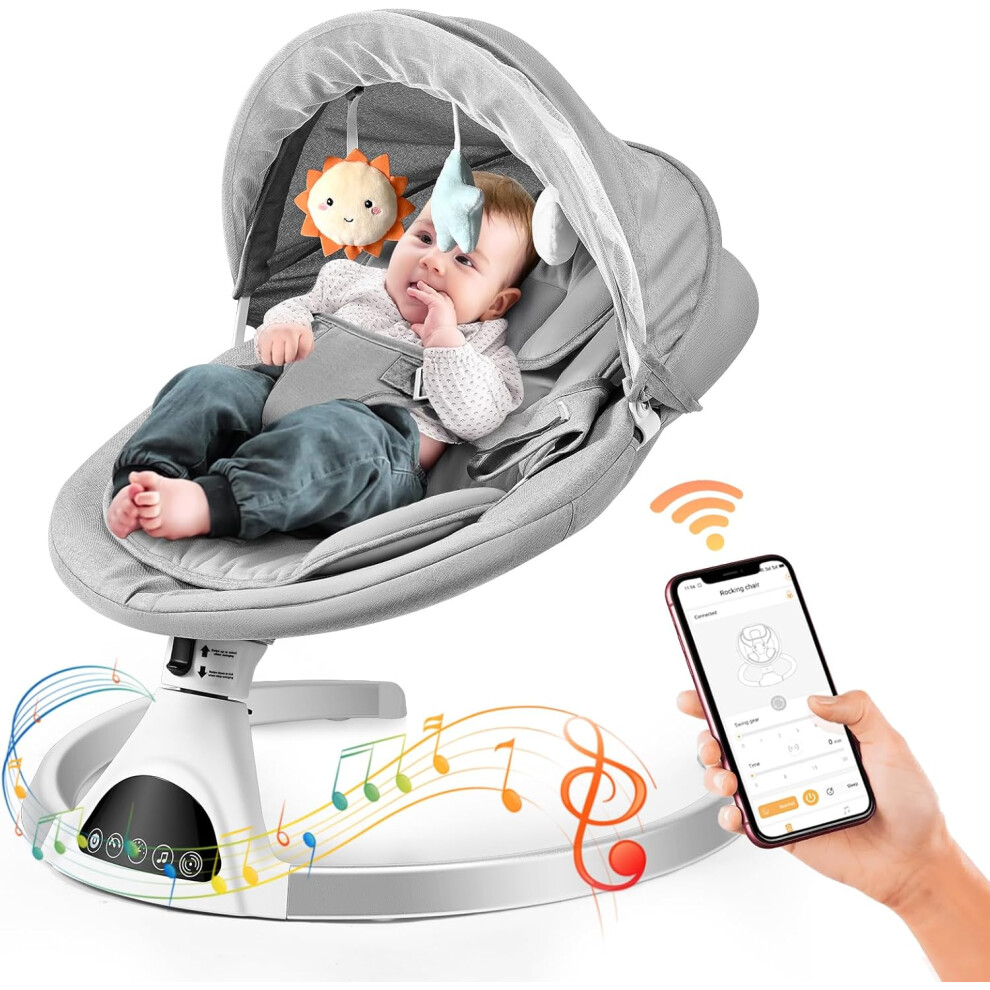 (APP) Electric Baby Bouncer, Baby Swing Chair with 5 Swing Speed, Electric Baby Swing with Remote Control Music Timer,Portable Newborn Rocking Chair