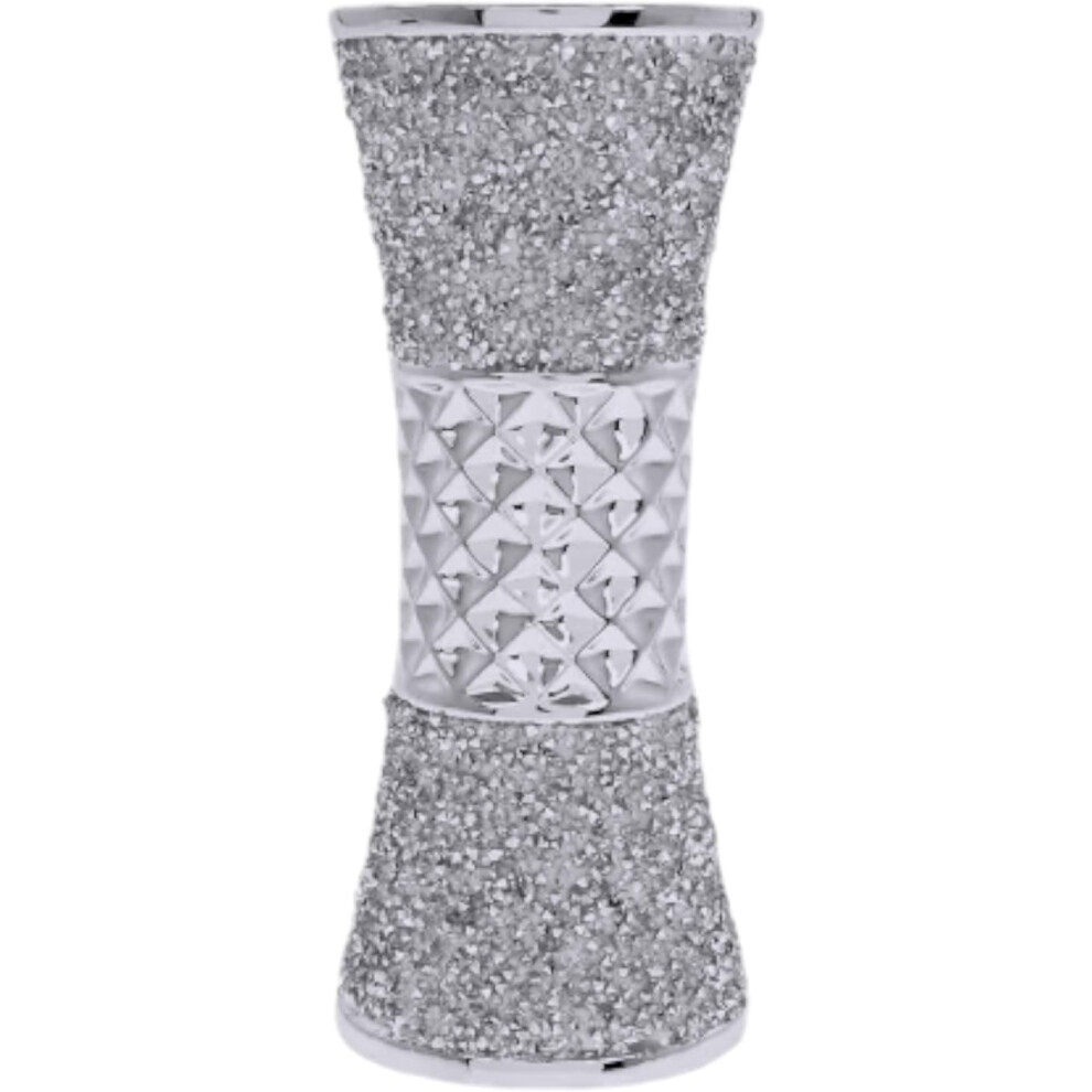 Crushed Diamante Bling Texture Silver Sparkle Flower Vase, 20cm