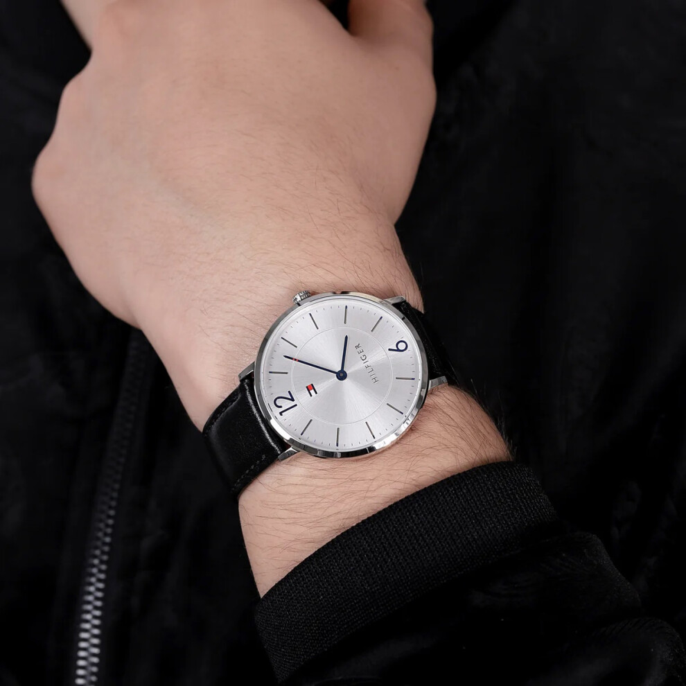 TOMMY HILFIGER 1710351 MEN'S WATCH BLACK STRAP SILVER DIAL SILVER CASE-image-OPC-PFD5SKX-NEW