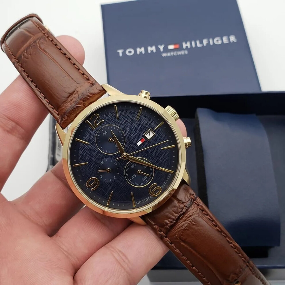 TOMMY HILFIGER 1710359 MEN'S WATCH BROWN STRAP BLUE DIAL GOLD CASE