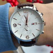 TOMMY HILFIGER 1710360 MEN'S WATCH BROWN STRAP SILVER DIAL SILVER CASE