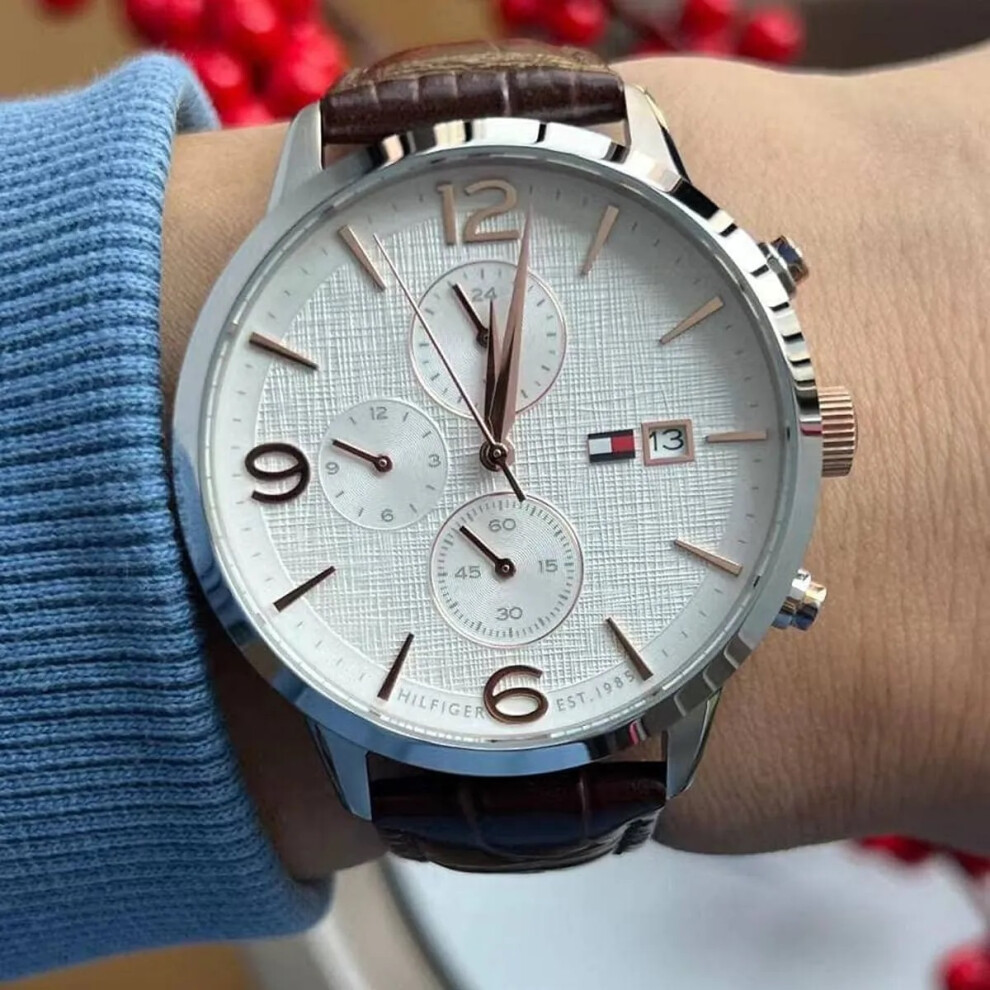TOMMY HILFIGER 1710360 MEN'S WATCH BROWN STRAP SILVER DIAL SILVER CASE