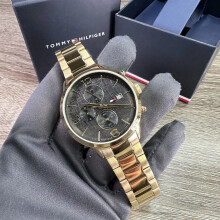 TOMMY HILFIGER 1710362 MEN'S WATCH GOLD STRAP BLACK DIAL GOLD CASE