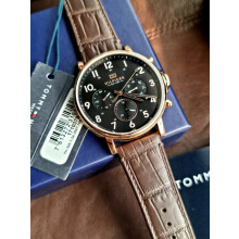 TOMMY HILFIGER 1710379 MENS WATCH BROWN BAND BLACK DIAL ROSE GOLD CASE