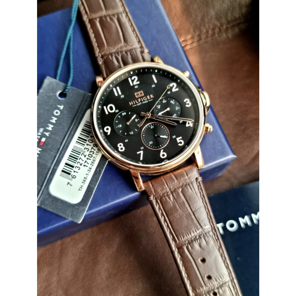 TOMMY HILFIGER 1710379 MENS WATCH BROWN BAND BLACK DIAL ROSE GOLD CASE