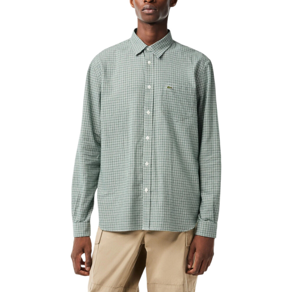(Green and White, M) LACOSTE Mens Flannel Check Shirt Cotton Casual Top