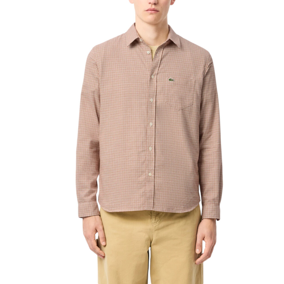 (Beige and White, M) LACOSTE Mens Flannel Check Shirt Cotton Casual Top