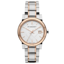 Burberry BU9105 Two-Tone Stainless Steel Women's Watch – Rose Gold Bezel, Silver Dial, Date, 50m Water Resistant