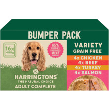 Harringtons Grain Free Hypoallergenic Wet Dog Food Variety Pack 16x400g Chicken Beef & Salmon Natural Ingredients400 g Pack 16 Packaging may vary