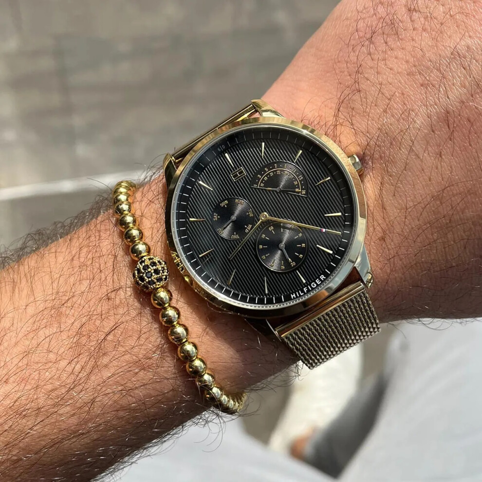 TOMMY HILFIGER 1710386 MEN'S WATCH GOLD STRAP BLACK DIAL GOLD CASE