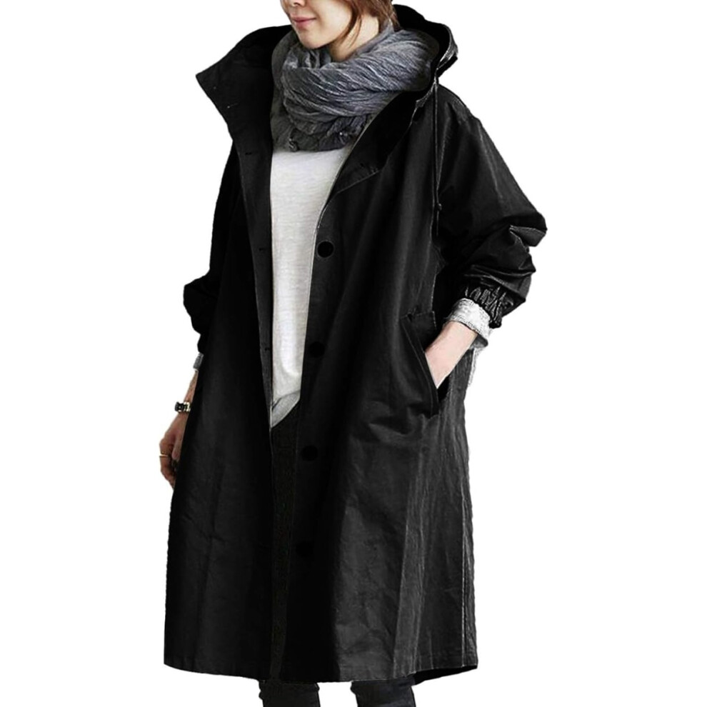 (Black, S) Women's Trench Jackets Rain Coat Button Down Windproof Hooded Oversized Elegant Windbreaker Outwear