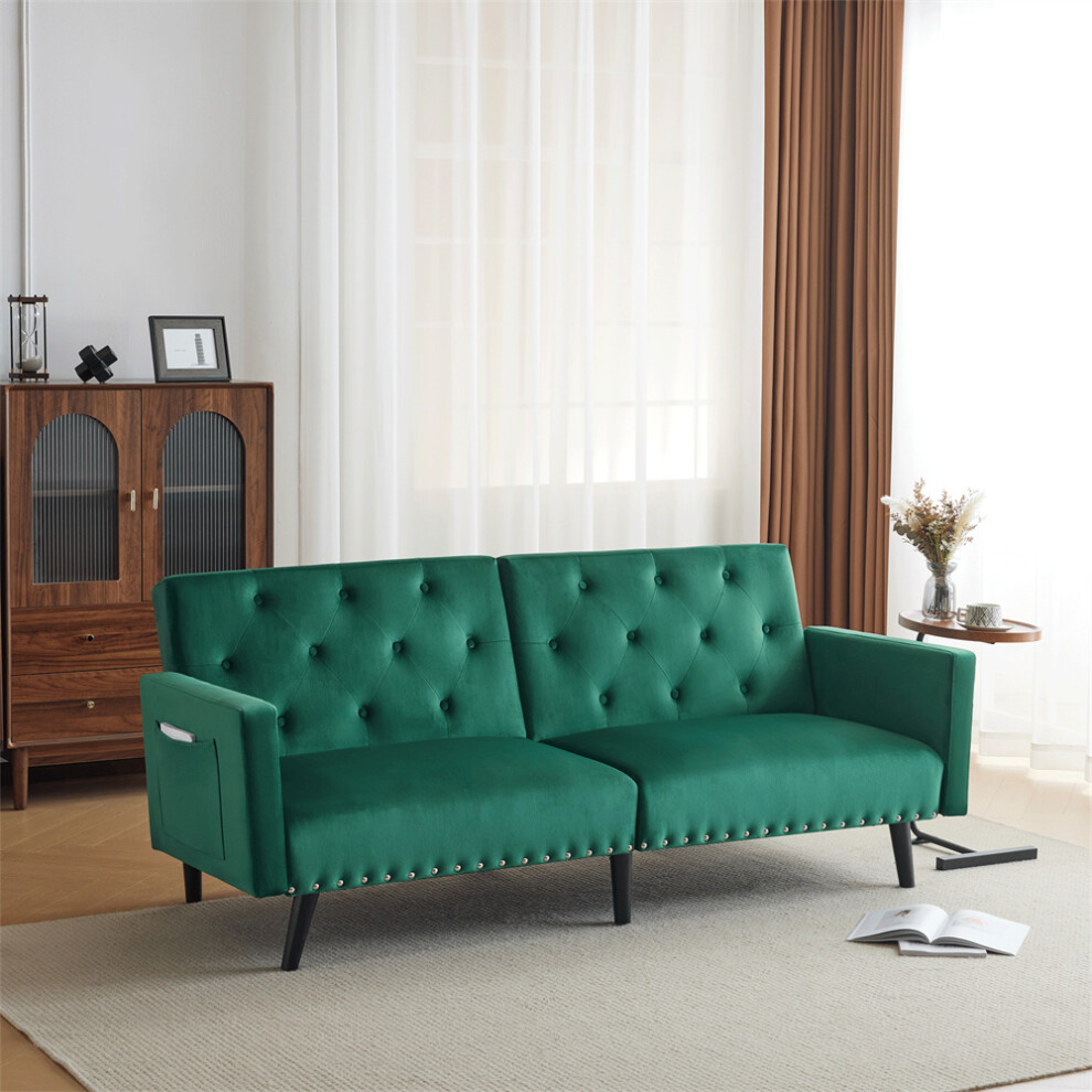 (Green with Removable Armrests) Adjustable Velvet 3-Seater Sofa Bed with Pockets