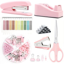 (Pink Set) Student School Office Set Stapler Scissors Tape Lifter Staple Pin Stationery Set