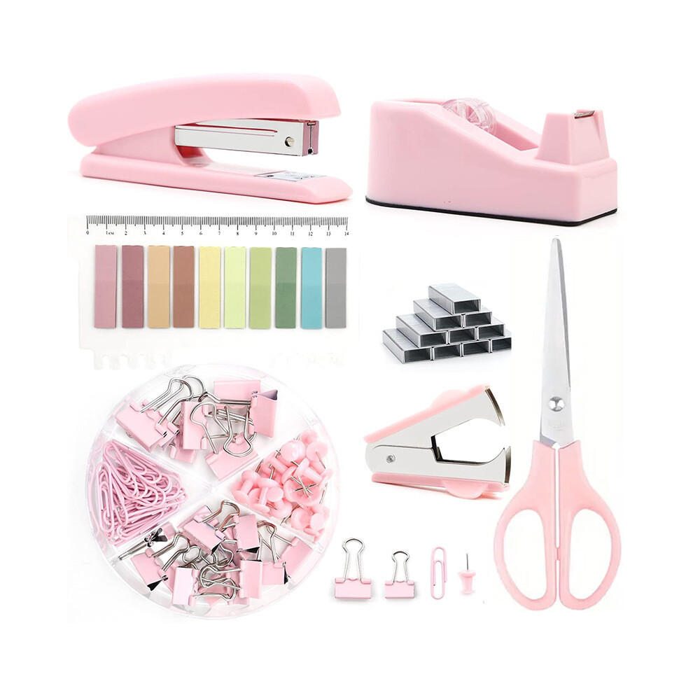 (Pink Set) Student School Office Set Stapler Scissors Tape Lifter Staple Pin Stationery Set