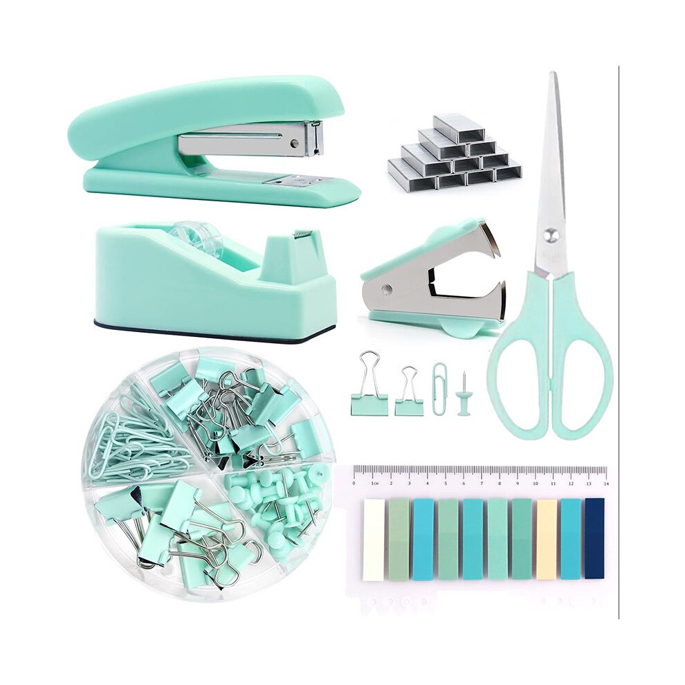 (Green Set) Student School Office Set Stapler Scissors Tape Lifter Staple Pin Stationery Set-image-OPC-PFD5YZM-NEW