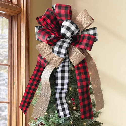 Christmas Tree Topper - Buffalo Plaid Red Black Burlap Decorative Bow 1