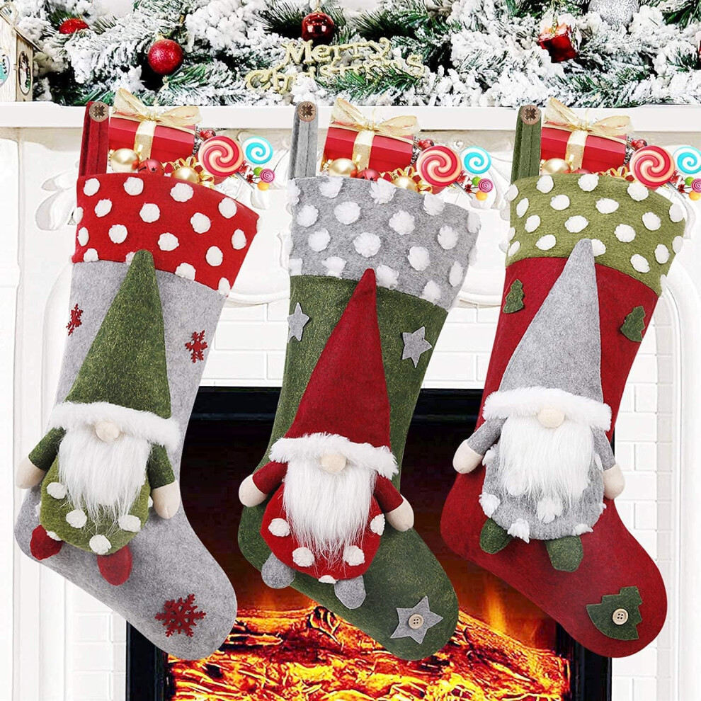 Christmas Stocking 3 Pack, 19 Inch 3D Gnomes Santa Christmas Stockings Fireplace Hanging Stockings