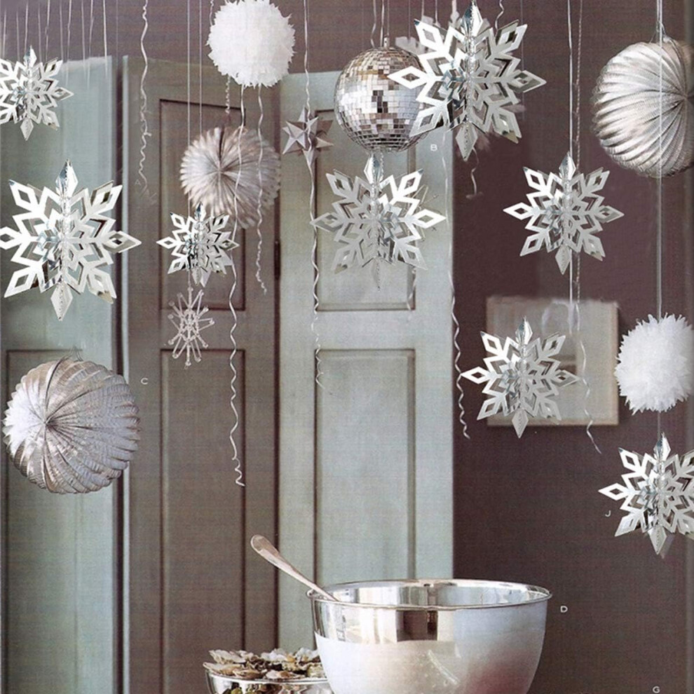 Yohou Winter Christmas Hanging Snowflake Decorations, 12Pcs 3D Large Silver Snowflakes White Paper Snowflakes Hanging Garland White,Silver