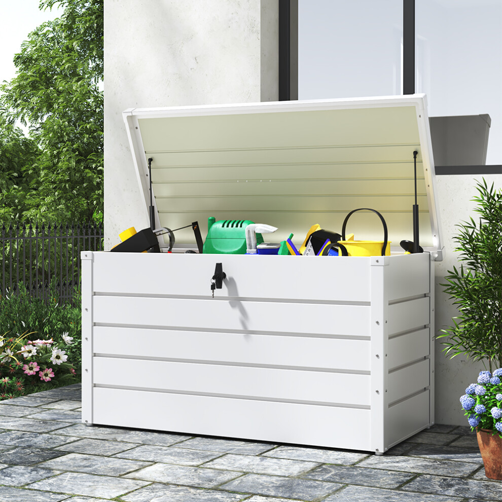 350L Metal Lockable Garden Storage Box Patio Waterproof Box, White