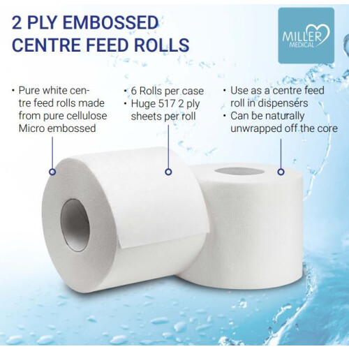 Papernet White Centre Feed Rolld x 6 (517 Sheets Per Roll, Embossed 2