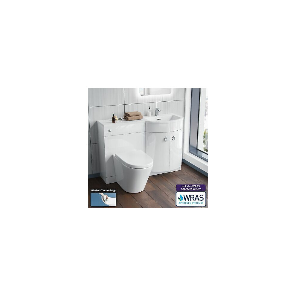 Nes Home White Bathroom P-Shape RH Basin Vanity Unit WC BTW Toilet 1100mm